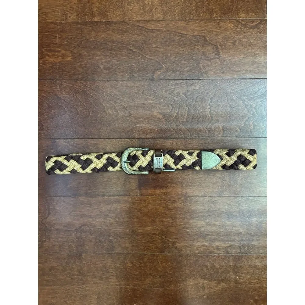 Vintage Braided Fiber and Leather Woven Belt in Brown and Tan with Metal Buckle